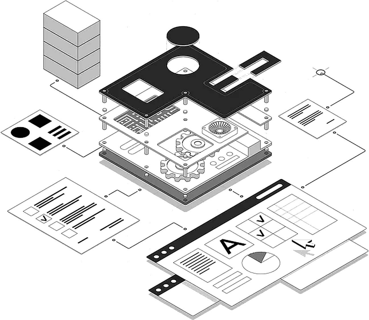 Isometric illustration of connected infrastructure, code, and dashboards